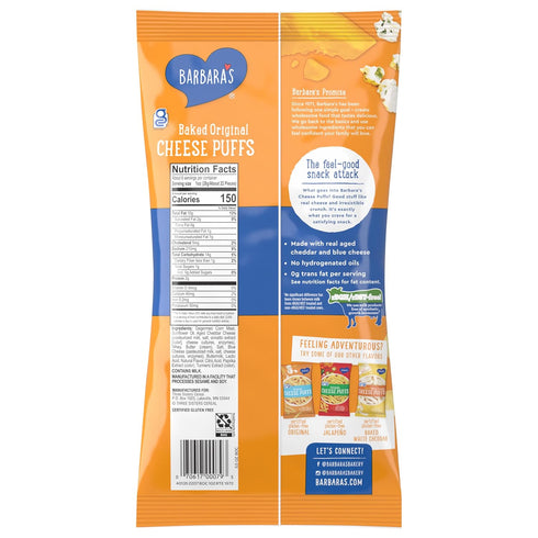 5.5 OZ Barbara's Baked Original Cheese Puffs, Cheese Puff Kids Snack Made With Real Aged Cheese, Gluten Free Snack, Bag