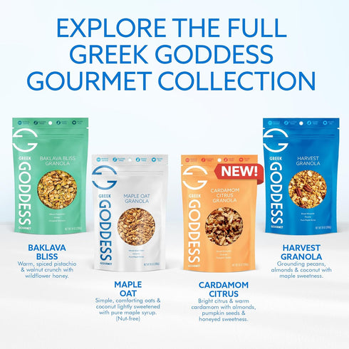 100% 10oz (3-Pack) Greek Goddess Gourmet Harvest Granola with Pecans, Almonds, Coconut & Maple Syrup, Whole Grain Oats