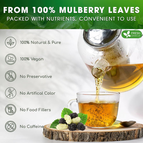 FreshDrinkUS, Premium 120 Mulberry Leaf Tea Bags, 100% Natural & Pure from Mulberry Leaves, No Sugar, No Caffeine, Vegan