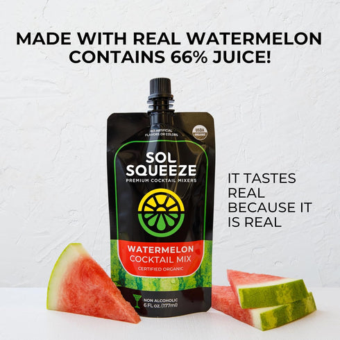 2-Serving 6 Pack SOL SQUEEZE Watermelon Cocktail Mix - Organic, Vegan, and Portable Pouch with Real Fruit Blend
