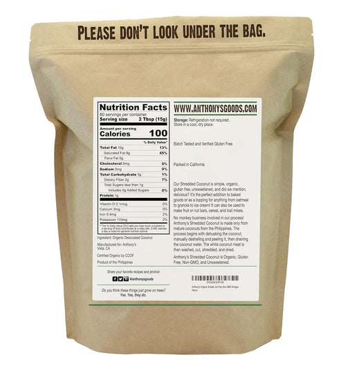 2 lb, Anthony's Organic Shredded Coconut, Unsweetened, Gluten Free, Non GMO, Vegan, Keto Friendly