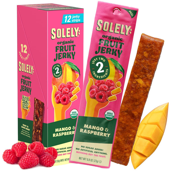 SOLELY - Organic Mango Raspberry Fruit Jerky - 12 Individually Wrapped Fruit