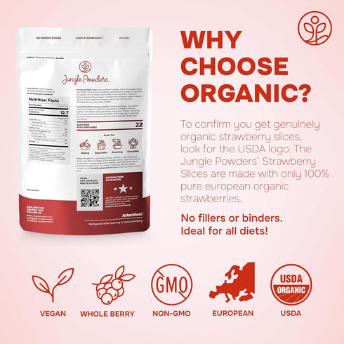 3.2 3.2 Jungle Powders Freeze Dried Strawberries Organic USDA Certified Strawberry Slices Ounce Bag + Whole Black