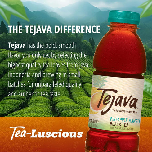 12 Pack, 16.9oz Tejava Pineapple Mango Black Iced Tea, PET Bottles, Unsweetened, Non-GMO, Kosher, No Sugar