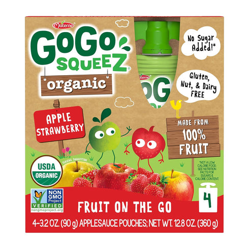 3.2 oz (Pack 48), GoGo squeeZ No Sugar Added Organic Applesauce and Fruit Puree Apple Strawberry, Pouches of Fruit