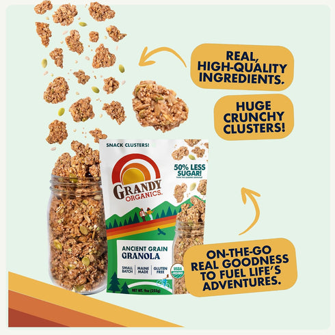 6g Pack 3 Grandy Organics Ancient Grain Granola - Protein Snackable Granola Clusters - Whole Grain, Low Sugar, Gluten