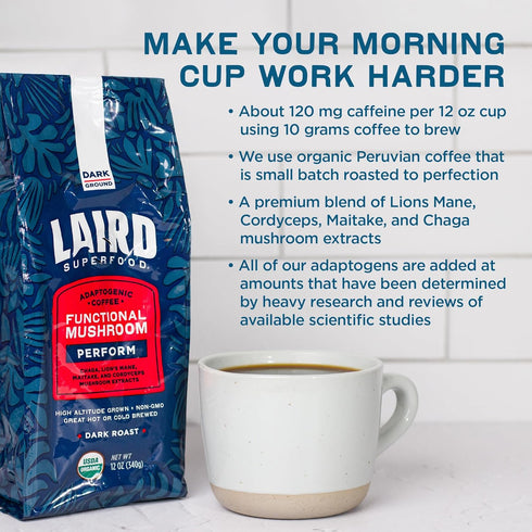 12 oz. Laird Superfood Peruvian Dark Roast Coffee with Functional Mushrooms, Certified Organic Peruvian Ground Coffee