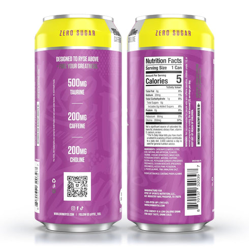 200mg 16 oz (12-Pack) RYSE Fuel Energy Drink - Kool-Aid Grape - Sugar Free, Gluten Free & Vegan - Natural Caffeine