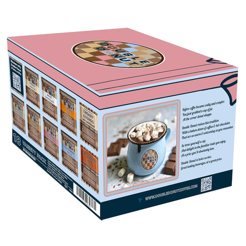 Packets Pack,18 Count Double Donut Coffee Flavored Hot Chocolate Variety Includes Classic, White Chocolate, Chocolate