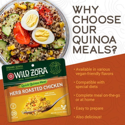 10g Packet (3-Pack) Wild Zora Instant Organic Quinoa Meals - Quick & Tasty Prepared Quinoa Bowls, Pantry Staples