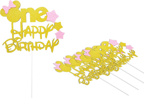 Glitter Gold Pink One Cake Topper for Girls' First Birthday Minnie Party Cake Decorations