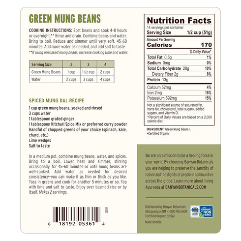 1.65 lb. Banyan Botanicals Green Mung Beans Whole Organic Green Mung Beans for Cooking High Protein Vegetarian Meals
