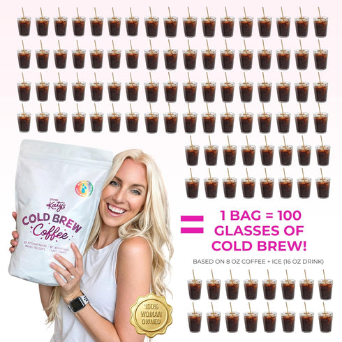 100 20 Packs Katys Cold Brew Coffee Bags (Makes Cups) Smooth, Low-Acid, No Bitter Aftertaste Medium-Dark Brazil Roast