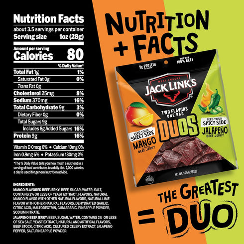 (4 Pack) 3.25 oz 9g 100% Jack Link's DUOs Jalapeno and Mango Beef Jerky - Bags - Ready to Eat Protein Snacks - Protein