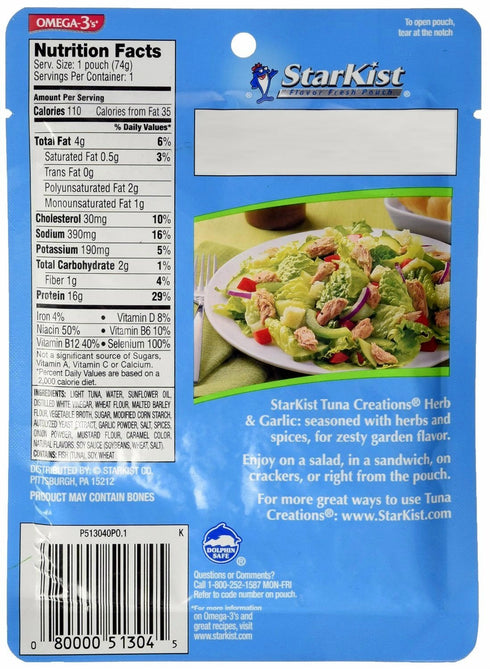2.6-Ounce (Pack 5) Starkist Tuna Creations, Herb & Garlic, Single Serve Pouch