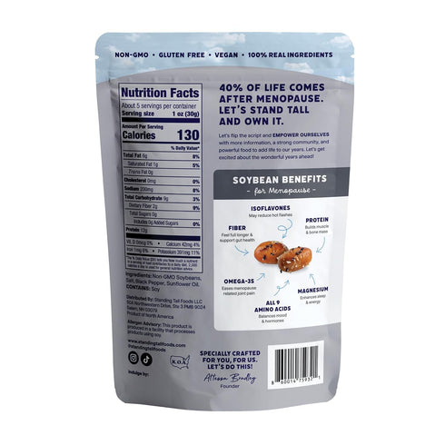 12g 2g 0g 3 Count Pack, 5oz Standing Tall Roasted Soybean Salt & Pepper protein, fiber, sugar, Plant-Based Vegan Snack