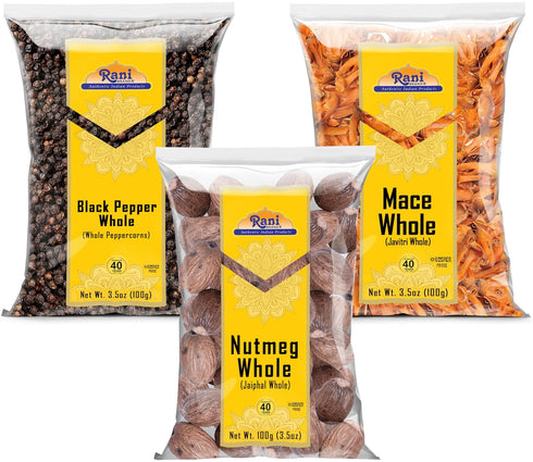 3.5oz (100g) Pack 3 100% Rani Black Pepper, Nutmeg, Mace Whole Indian Spices ~ Combo of ~ All Natural | Pure, Salt Free