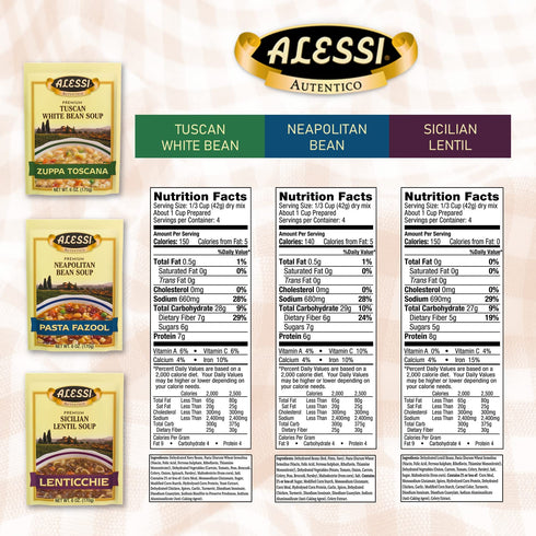 6oz Pack 3) Alessi Autentico Premium Soups, Traditional Flavors, (Variety