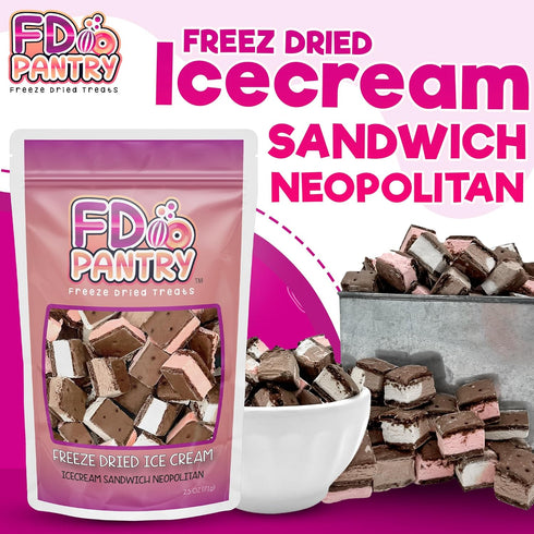 2.5 oz, 3 Pack Freeze Dried Ice Cream Sandwich Bites, Neapolitan, Crunchy & Sweet Snack, Dehydrated, Resealable Gift