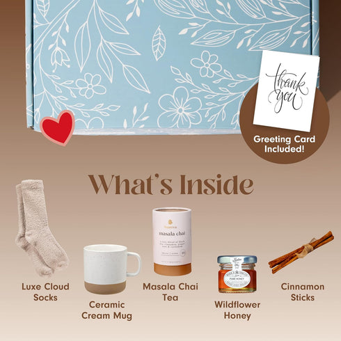 Cozy Package Unboxme Thank You & Appreciation Gift Basket for Women, Care with Tea, Mug, Socks & Honey, Ready to Gift
