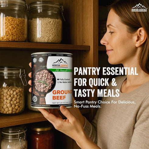 28 Oz 5-Year 1 Pack MOUNTAIN ESSENTIALS All Natural Canned Ground Beef Fully Cooked, Ready to Eat Hamburger Meat Pantry