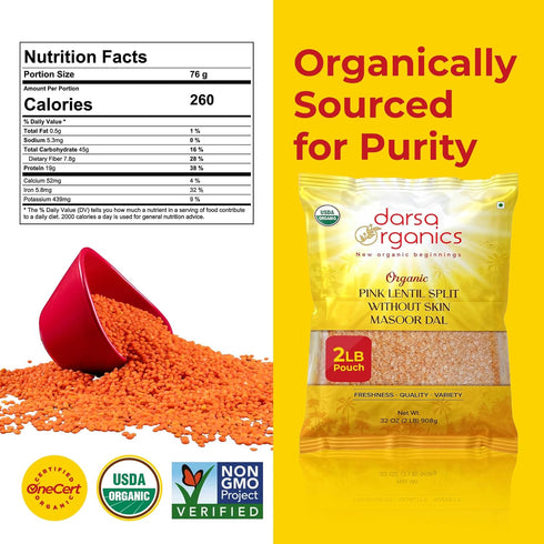 2 lb Darsa Organics Split Red Lentils (Masoor Dal) |USDA Organic, Non-GMO, Vegan, Kosher| Rich in Protein & Fiber |