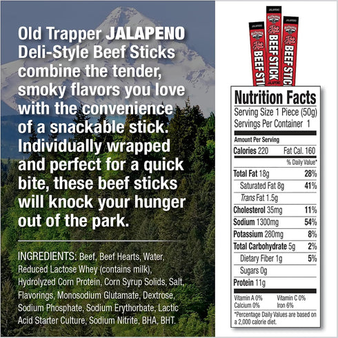 1.75-Ounce Packages, 11 (Pack 26) Old Trapper Deli-Style Sausage Sticks, Jalapeo Flavor, Individually Wrapped Grams