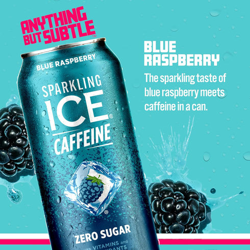 Vitamins,16 oz Sparkling Ice Caffeine, Blue Raspberry Sparkling Water with Caffeine, Zero Sugar, with Antioxidants