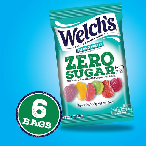 3oz Packs (Pack 6) Welch's Zero Sugar Fruity Bites, Island Fruits Snack Box, Gluten Free & Sugar Free Snacks, Snack