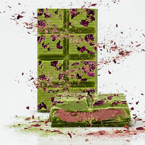 Matcha White Chocolate Bar 5.6oz with Strawberry Paste, Dried Strawberries, Kataifi Crunch