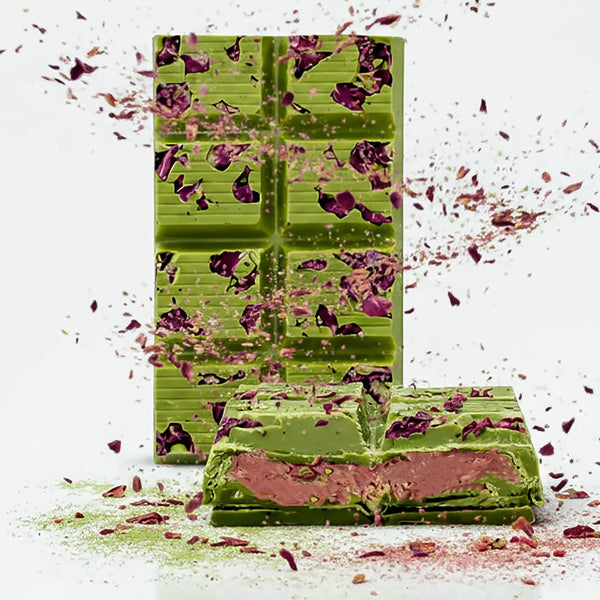 Matcha White Chocolate Bar 5.6oz with Strawberry Paste, Dried Strawberries, Kataifi Crunch