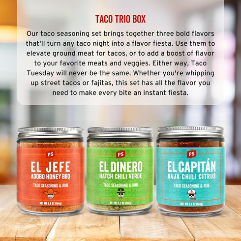 Pack PS Seasoning Taco Box El Jefe, El Dinero, El Capitan - Complete Taco Tuesday Seasoning Kit & BBQ Dry Rub Variety