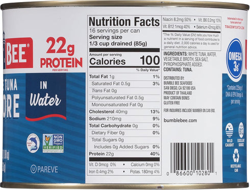 Albacore 66.5 oz 21g Omega-3s Bumble Bee Solid White Tuna in Water, Bulk Food Service Can - Wild Caught Tuna - Protein