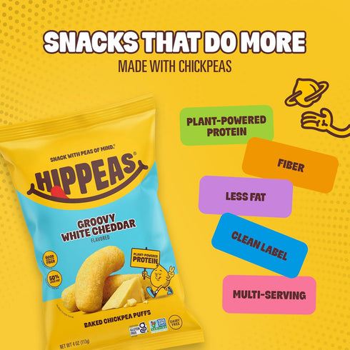 4oz, Pack 6, 3g 2g HIPPEAS Chickpea Puffs, Groovy White Cheddar, Gluten Free Snacks, Dairy Free, Vegan, of Protein