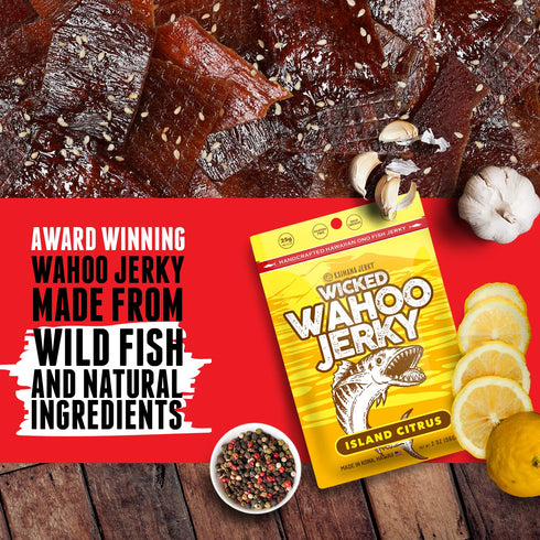 Omega-3 2 (3 Pack) Island Citrus Wahoo Ono Fish Jerky - Zesty Umami Flavor - Artisan Crafted - Gourmet Dried Fish