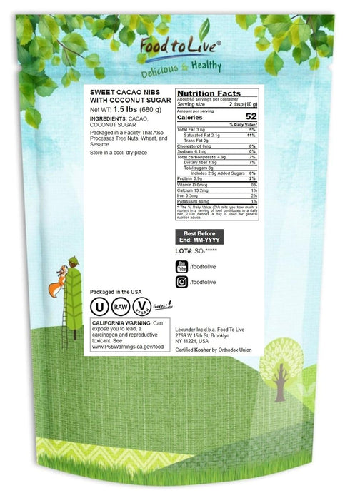 1.5 Food to Live Sweet Cacao Nibs with Coconut Sugar, Pounds Lightly Sweetened with Coconut Sugar, Raw, Non-Irradiated