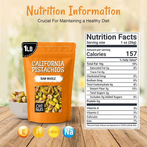 100% 1 lb Packed Oh! Nuts Pistachios No Shell - Raw - Natural - - Raw Whole California Pistachios - in New York