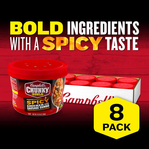 15.25 oz 8) Campbell's Chunky Soup, Spicy Chicken & Sausage Gumbo Soup, Microwavable Bowl (Case