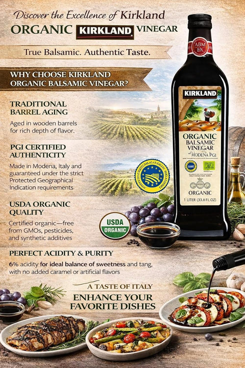 kirkland 1 (33.8 oz) 67 Organic Balsamic Vinegar of Modena - Liter - PGI Certified Italian - Premium Aged - Servings