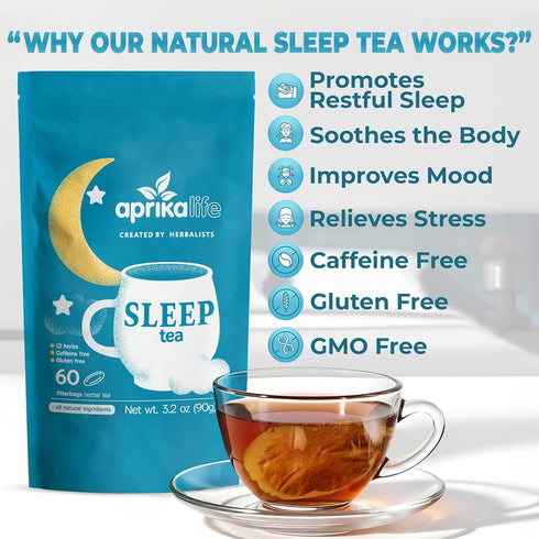 Aprika Life Sleep Tea for Bedtime Relaxation - Caffeine-Free Herbal Nighttime Tea with Chamomile, 60 Pack