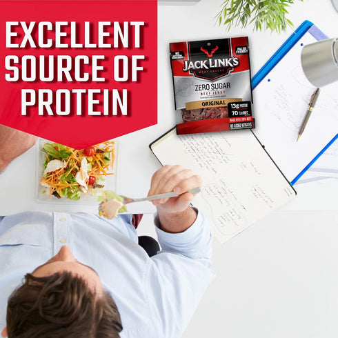 13g 100% 2.3 Oz. (Pack 8) Jack Link's Beef Jerky, Original, Zero Sugar - Flavorful Meat Snacks, Ready to Eat Protein