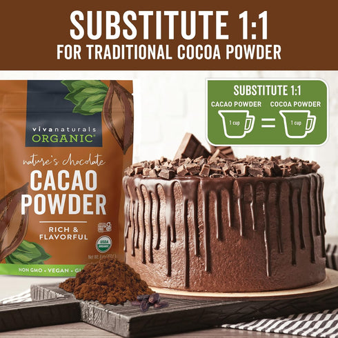 Viva Naturals Organic Cacao Powder, 8 oz Unsweetened Cocoa Powder for Baking & Smoothies, Certified Vegan