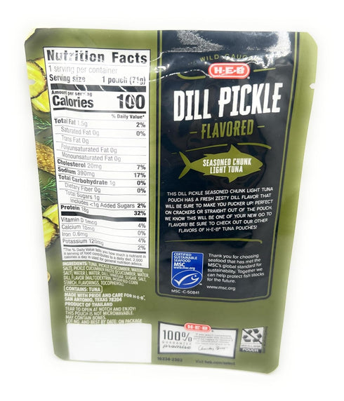 HEB 2.5oz set 6 Dill Pickle Flavored Wild Caught Seasoned Chunk Light Tuna Pouch