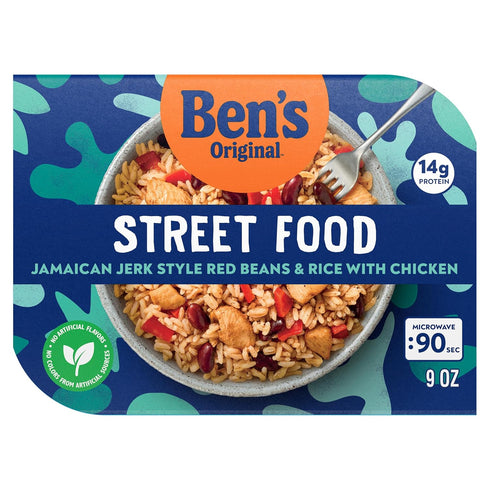 90 9 oz (Pack 6) BEN'S ORIGINAL Street Food Jamaican Jerk Style Beans & Rice with Chicken, Prepared Entre, Microwavable