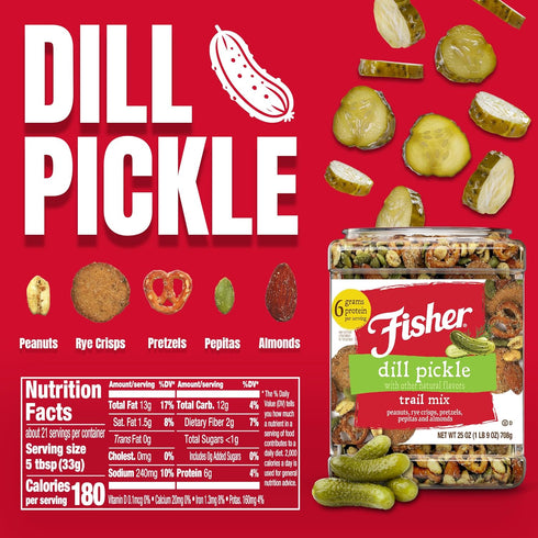 25 oz (Pack 1), 6 Fisher Dill Pickle Trail Mix, of Resealable Jar, Peanuts, Rye Crisps, Pretzels, Pepitas & Almonds, g