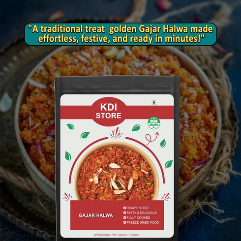Store 65g KDI Gajar Halwa, Ready to Eat Traditional Indian Carrot Dessert with Dry Fruits, Freeze Dried