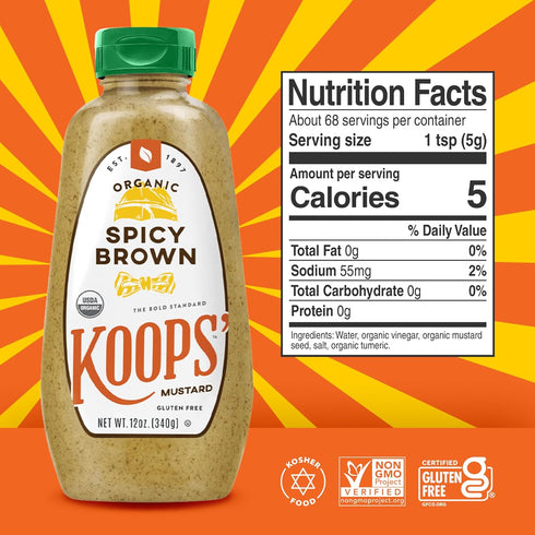 12 Oz, Pack 2 Koops' Organic Spicy Brown Mustard Bold and Brown Mustard Sauce, Gluten-Free, Kosher, USDA Certified