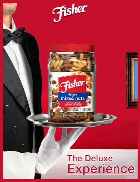 24 100% Fisher Snack Deluxe Mixed Nuts, Ounces, Cashews, Almonds, Pecans, Brazil Nuts, Recyclable, Healthy Snacks