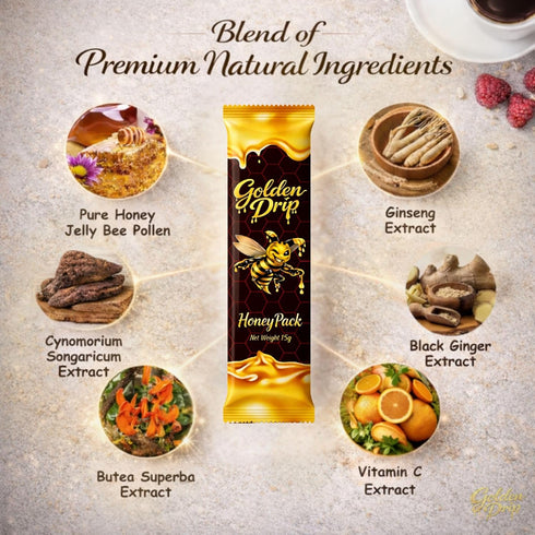 Golden Drip Pack 4 Pack Packets Honey Premium Golden Honey Sachets Herbal Vitality & Energy Support Natural Energy