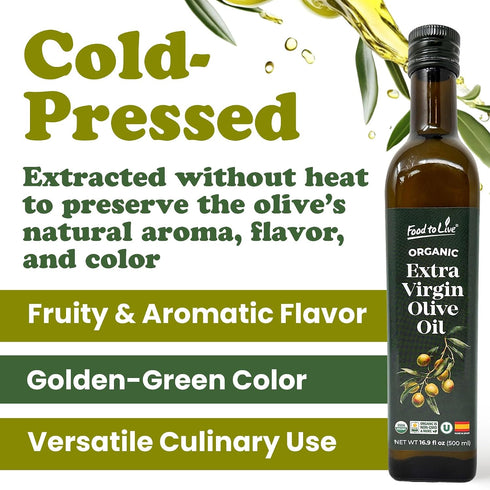 16.9oz (500ml) (Pack 2) Food To Live Organic Extra Virgin Olive Oil, Cold-Pressed. Polyphenol Rich. Non-GMO. Glass